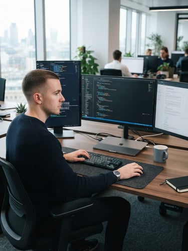 Modern clean workspace environment, professional developer setup with clean code on screens, cool corporate editorial photography, bright natural window light, crisp navy and slate tones, sharp focus, 35mm
