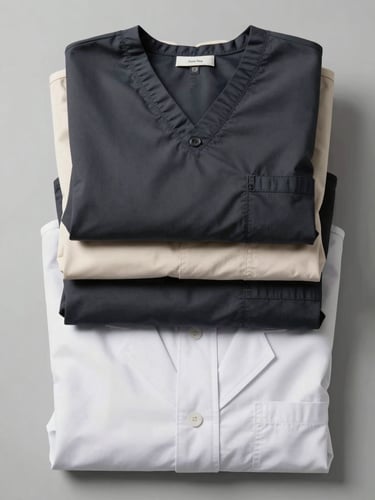 Overhead flat-lay of a finished stack of neatly folded institutional uniforms sorted by category — deep charcoal scrubs beside cream lab coats beside white school shirts — on a clean light-grey surface under bright even studio light, extreme overhead framing with full fabric texture detail visible