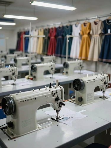 Wide environmental shot of a production floor interior in Kolkata, rows of industrial sewing machines in operation, finished uniform components hanging in sorted batches along the far wall, bright overhead factory lighting, no workers' faces visible—focus on the machines and fabric in-progress