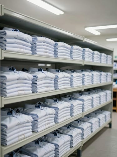 Finished school uniforms sorted by size and stacked in clean rows on open shelving in a production storage area, shot wide under bright overhead fluorescent light, each pile precisely folded, labels visible, neutral grey shelving units in the background
