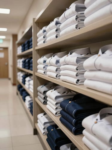 Wide panoramic view looking along a hotel corridor, folded stacks of finished staff uniforms and pressed housekeeping tunics arranged in clean sorted rows on a wide shelf at the right edge of frame, bright even studio light, full detail on fabric surface and seam lines, no people present