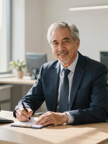 A professional portrait of a senior financial consultant in a clean, sunlit modern office, writing notes on a desk, soft natural light, editorial corporate photography, 35mm lens, warm sand and navy tones.