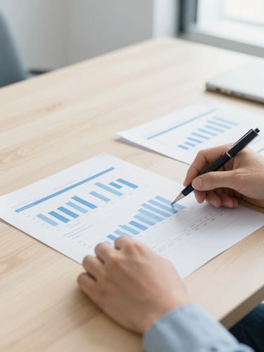 Editorial corporate photography, bright natural daylight, hands analyzing financial balance sheets on a clean wooden table, soft blue and sand tones, 35mm lens
