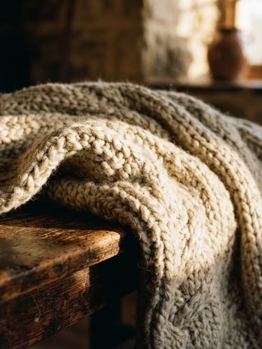 Close-up of a heavy-gauge oatmeal wool blanket draped over a dark wooden bench, warm low-angle afternoon sun casting deep shadows on the weave