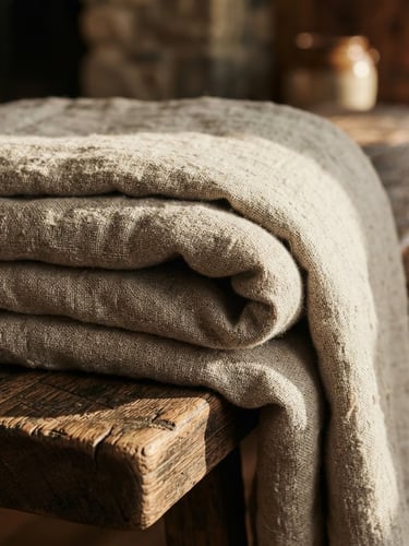 Close-up of a thick, textured oatmeal-colored linen quilt folded over a rustic wooden bench, warm afternoon sunlight casting deep shadows across the weave.