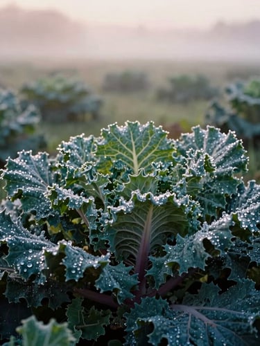 Moody close-up of dew-covered kale leaves in an open field at sunrise, soft morning mist in the background, natural light, 35mm photography