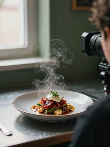 Over-the-shoulder shot of a camera on a tripod capturing steam rising from a freshly plated dish in a moody, natural light kitchen setting, 35mm.