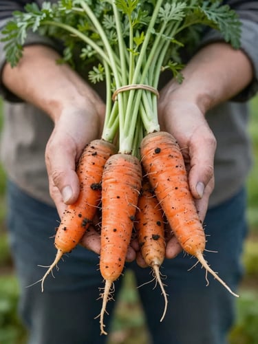 Close-up of a farmer's hands holding freshly harvested heirloom carrots with rich soil clinging to the roots, soft natural Scandinavian daylight, shallow depth of field