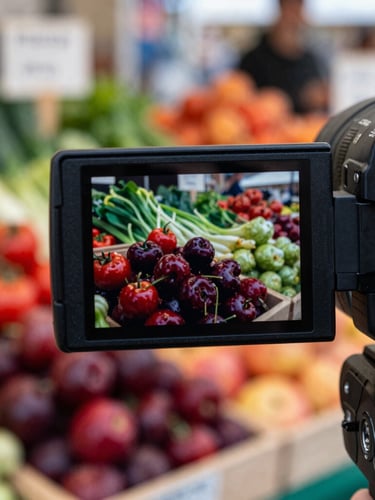 Over-the-shoulder shot of a camera screen displaying a vibrant local farmers market stall, soft natural daylight, deep crimson tones, 35mm