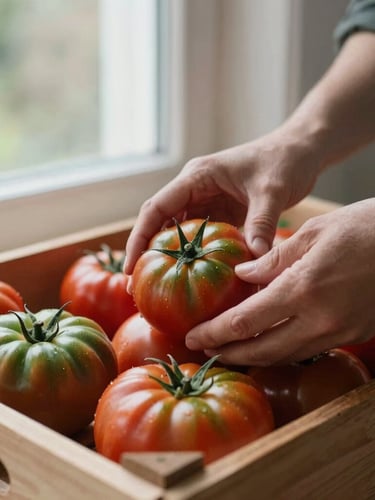 Close-up of a vendor's hands arranging organic heirloom tomatoes in a rustic wooden crate, soft Scandinavian window light, shallow depth of field