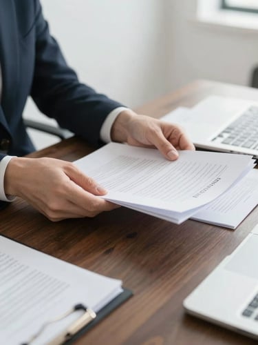 Close-up of professional hands organizing structured documents on a dark wooden table, clean corporate setting, bright neutral daylight, sharp focus.