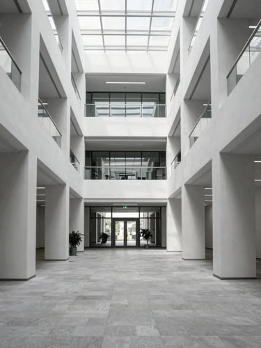 Symmetrical shot of modern corporate office hallway, structured architectural lines, bright daylight, desaturated cool tones, absolute order and clarity, 35mm lens