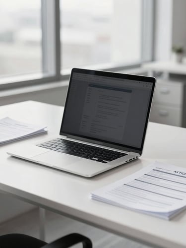 Clean corporate office environment, bright neutral daylight, desaturated cool tones, sharp focus, professional desk with a closed laptop and organized documents, 35mm lens