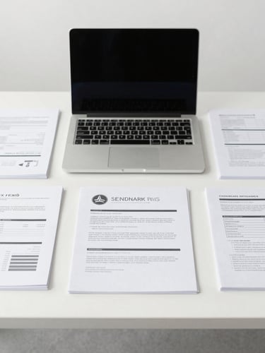 Symmetrical composition of a modern, clean corporate desk with organized documents and a laptop under bright neutral daylight, desaturated cool tones, sharp focus.