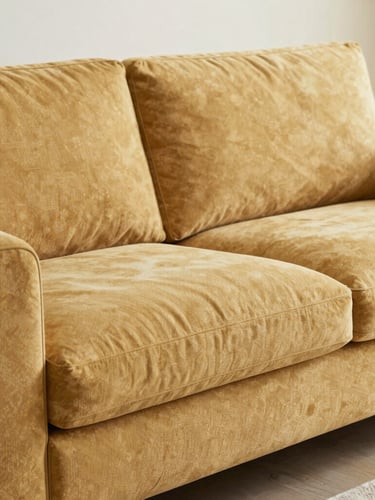 A bright, clean modern living room featuring a beautifully finished custom sofa upholstered in a warm sand-toned textured fabric, natural daylight, soft editorial composition.