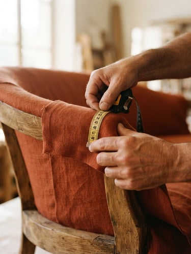 Close-up of hands measuring rich terracotta fabric over a custom sofa frame, warm natural window light, shallow depth of field