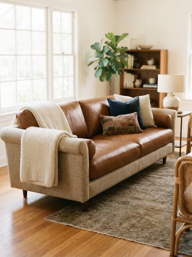 A beautifully finished custom sofa in a bright, sunlit living room, warm editorial photography, soft natural daylight, rich tactile textures.