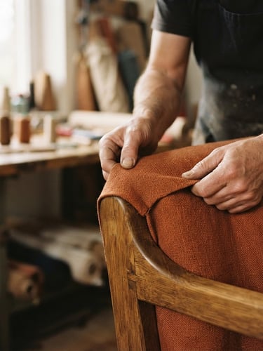 A master upholsterer's hands carefully pulling a rich terracotta linen fabric over a solid oak sofa frame, soft natural window light, warm editorial style, shallow depth of field.