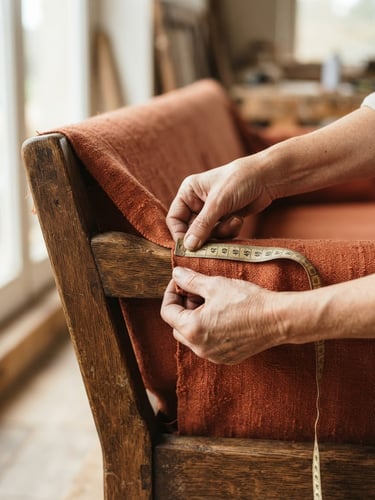 Close-up of hands measuring heavy woven terracotta fabric over a solid wooden sofa frame, soft natural window light, shallow depth of field