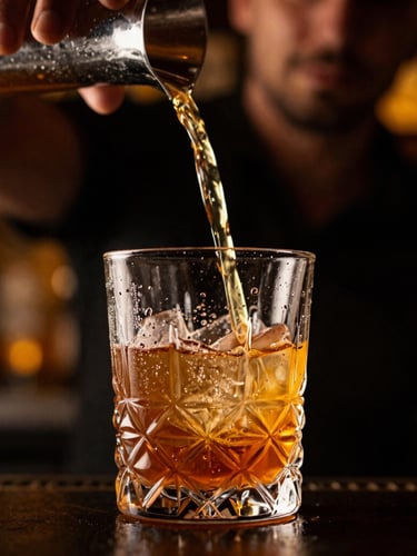 Close-up of a premium crystal glass with condensation, a glowing amber cocktail being poured by a mixologist under dramatic low-light gold backlighting