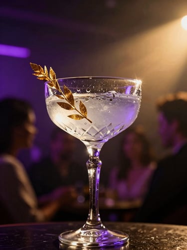 Dynamic close-up of a premium crystal cocktail glass with condensation, a gold-leaf garnish, set against a dark background with dramatic neon purple and brushed gold backlighting, motion blur of an elegant crowd in the distance, 35mm lens.