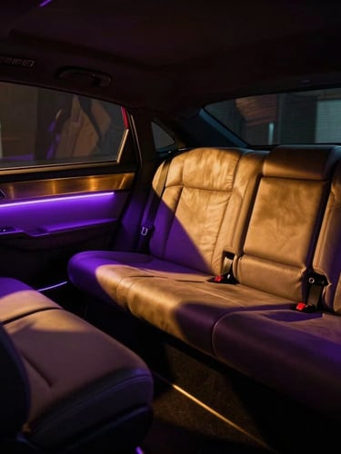 Low-light wide shot of LOCA's premium interior, featuring plush VIP seating, brushed gold accents, and dramatic neon-violet light leaks casting long shadows, 35mm lens.