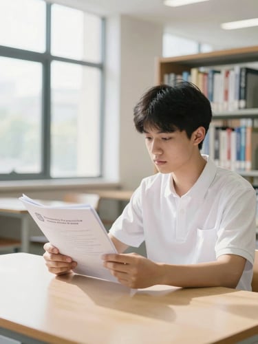 A focused student reviewing university prospectus documents in a bright, sunlit library setting, morning daylight, clean academic environment, 35mm lens.