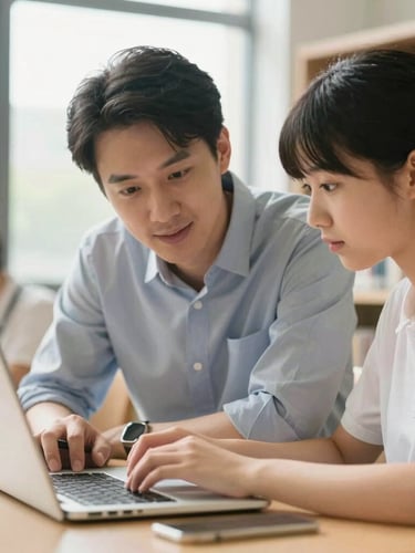 A close-up of a mentor guiding a student over a laptop in a bright library, soft morning light filtering through high windows, warm scholarly atmosphere.