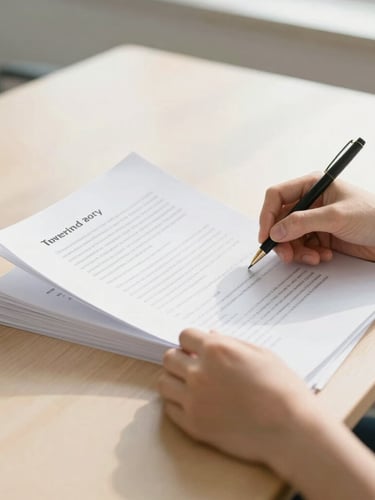 Bright editorial photo of hands reviewing academic documents on a wooden desk, soft morning sunlight, clean scholastic environment.