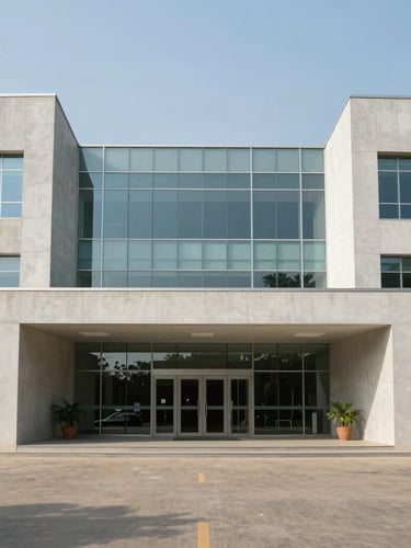 Wide-angle architectural view of a modern clinical facility entrance in Abuja, clean daylight, geometric concrete and glass facades, minimalist framing.