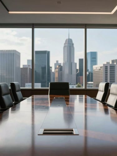 A professional, sunlit executive boardroom overlooking a modern city skyline, architectural lines, cool daylight reflecting off a polished mahogany conference table.