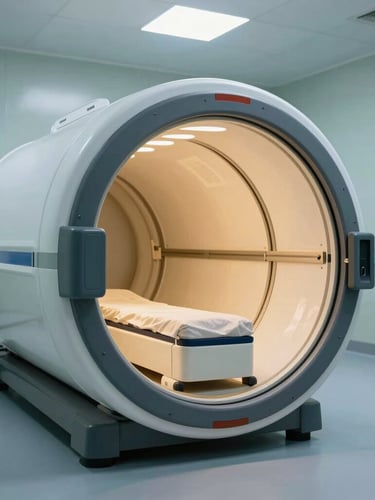 State-of-the-art clinical hyperbaric oxygen chamber in a pristine, modern medical facility, architectural framing, cool clinical lighting.