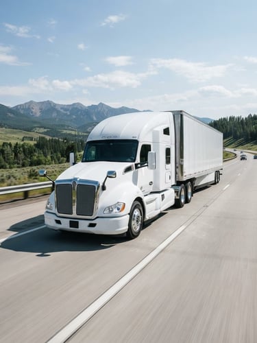 A modern clean semi-truck on an open highway under bright daylight, crisp commercial photography with blue and gray tones, wide-angle lens