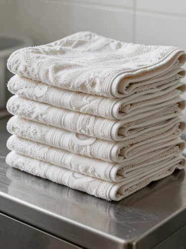 Bright daylight illuminating a neat stack of folded linen towels on a clean stainless steel surface, sterile and organized.