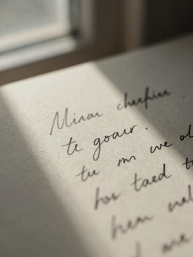 Macro close-up of handwritten ink notes on textured cream paper, soft diffused window light casting high contrast shadows, moody editorial photography, shallow depth of field, 35mm.
