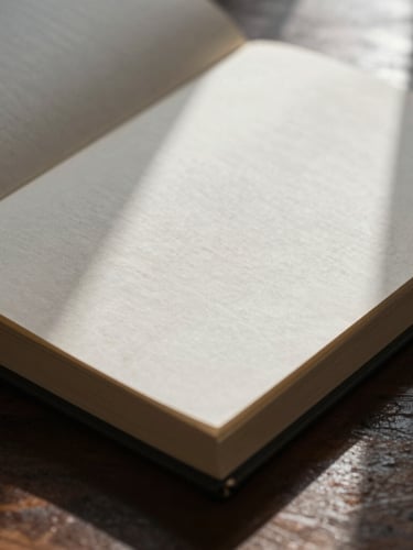 Macro close-up of a hardcover book mockup resting on a dark wooden desk, soft window light casting high-contrast shadows on textured cream paper, 35mm editorial photography