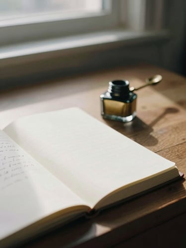 A macro close-up of a wooden writing desk, an open notebook with ink-stained marginalia, a classic brass inkwell, soft diffused window light casting high contrast shadows, 35mm photography