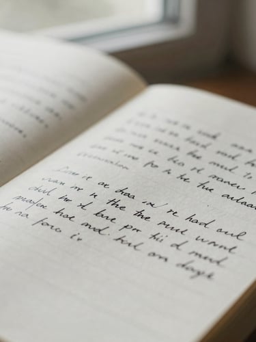 Close-up of an open linen notebook showing handwritten ink-stained notes and crossed-out paragraphs, captured with a shallow depth of field in soft window light.