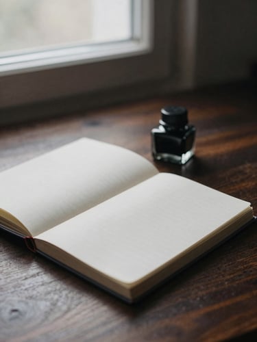 Atmospheric shot of an open notebook beside a vintage glass inkwell on a dark wooden desk, soft window light, deep shadows, moody editorial photography, 35mm.