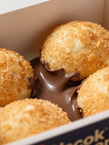 Extreme close-up of a steaming box of Piscok Lumer with melting chocolate pulling apart, warm natural daylight highlighting the crispy golden batter texture