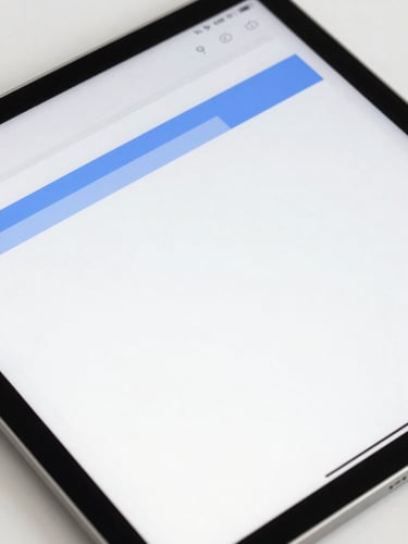 High-contrast conceptual macro shot of structured text layout on a digital tablet, clean modern workspace, electric blue highlights, 35mm crisp focus
