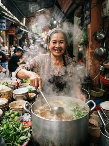 Close-up portrait of a local street food cook in Hanoi smiling warmly, surrounded by steam from a massive broth pot, natural morning market light, warm terracotta tones, high contrast, 35mm film.