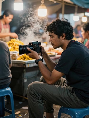 Close-up of a travel food vlogger with a camera, sitting on a low plastic stool at a busy night market, steam rising around him, warm turmeric lighting, raw editorial style.