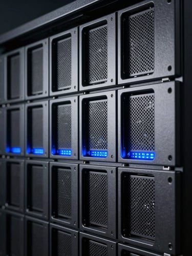 Macro photography of high-performance server rack architecture, sharp directional blue key light, dark brushed steel, sleek editorial technology photography, 35mm lens.