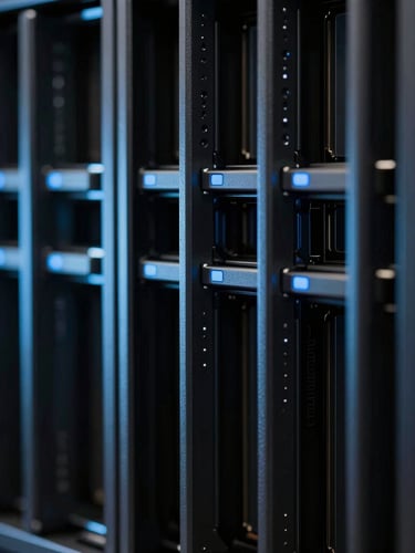 Sleek editorial technology photography, abstract macro shot of server hardware and glass reflections, cool ambient light with sharp blue key lights, 35mm lens