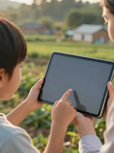 Close-up shot of hands of a local teacher and a child pointing at a modern digital tablet screen, warm outdoor golden hour lighting, green foliage of a rural community in the background, highly authentic.