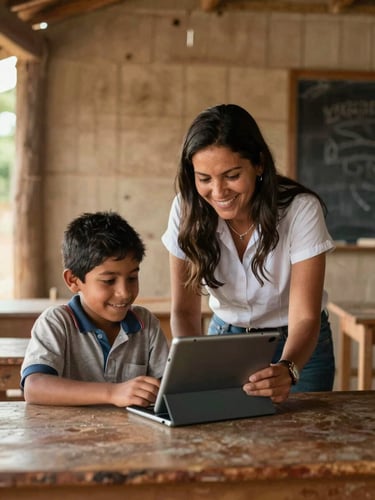 Un plano medio de una profesora de escuela rural sonriendo junto a un niño frente a una tableta digital, luz natural cálida de tarde, aula rústica con paredes de madera.