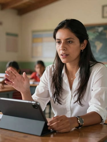 Wide environmental portrait of a rural teacher in Latin America gesturing towards a modern tablet, warm natural morning light, classroom background with children visible but softly out of focus
