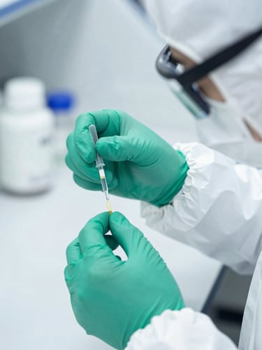 Technician in full cleanroom PPE performing a precise laboratory test on a supplement sample, with sterile equipment and bright, high-key lighting. Macro focus on the sample.