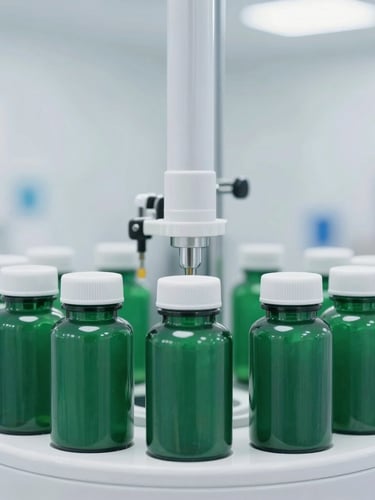 Straight-on medium shot of an automated bottling line sealing emerald green supplement bottles, bright clinical white lighting, sterile environment